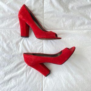 Red suede peep-toe high heels